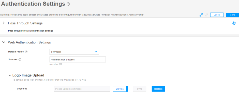 Configuration page for Authentication Settings in a firewall management interface, featuring editable pass-through and web authentication settings, logo upload, and save or cancel options.