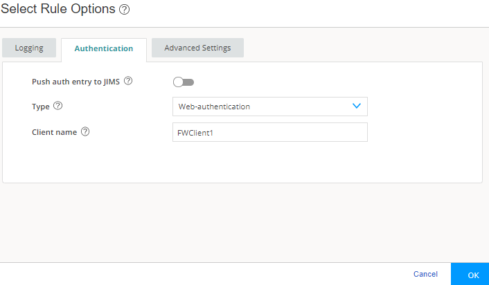 Configuration interface for setting network security rules; Authentication tab selected with Push auth entry to JIMS toggle off, Web-authentication type, and FWClient1 client name.