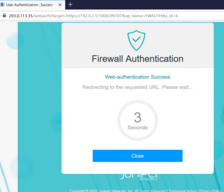 Firewall Authentication successful. Redirecting in 3 seconds. Close button. Juniper Networks.