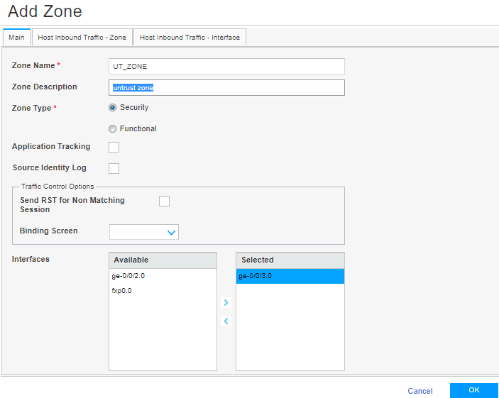 Configuration interface for adding a network zone with fields for Zone Name UT_ZONE, Zone Description untrust zone, Zone Type Security selected, and interface ge-0/0/3.0 selected.