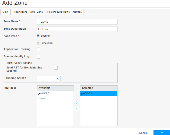 Configuration interface for adding a network zone with fields: Zone Name T_ZONE, Zone Description trust zone, Zone Type Security selected, and interfaces selected ge-0/0/2.0.