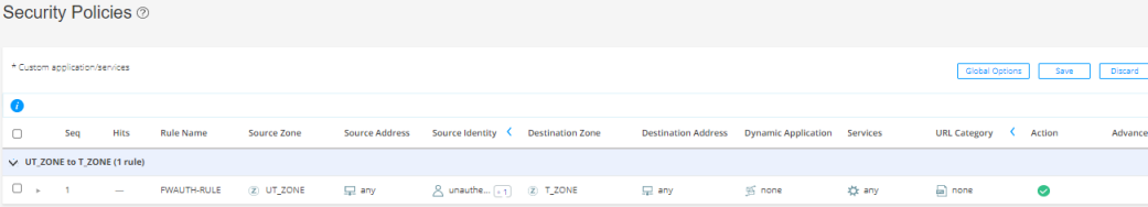Security Policies interface showing rule FWAUTH-RULE allowing unauthenticated traffic from UT_ZONE to T_ZONE with any source or destination, services, or applications.