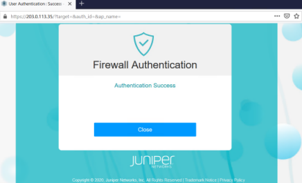 Authentication Success page from Juniper Networks with Close button and Juniper Networks branding at the bottom.