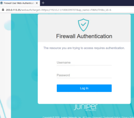 Firewall Authentication login page requiring username and password; includes Log In button and Juniper Networks logo.
