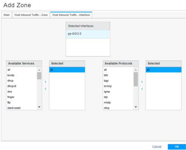 Firewall configuration interface for Host Inbound Traffic, showing selected interface ge-0/0/3.0 with all services and protocols allowed.