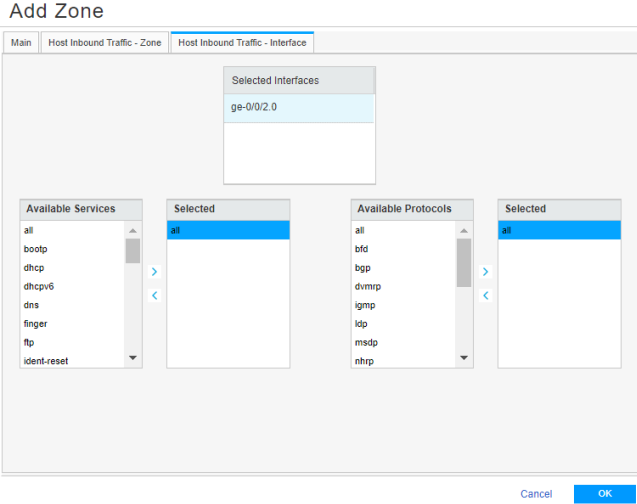 Configuration interface for adding a network zone; selected interface ge-0/0/2.0; all services and protocols allowed; buttons OK and Cancel.