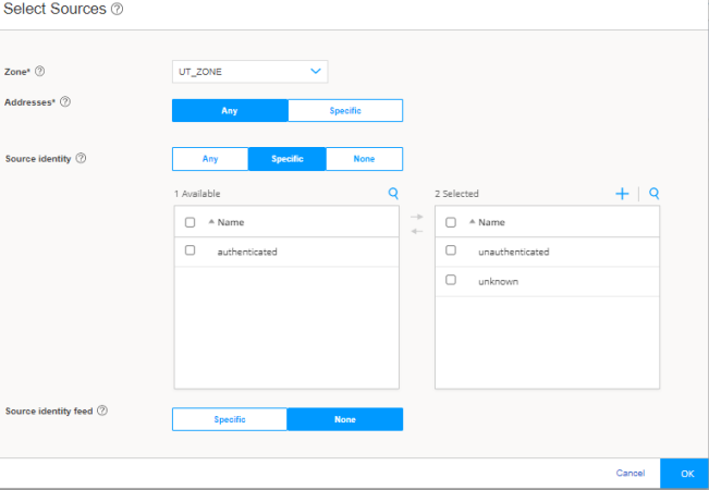 Configuration interface for selecting network security sources with dropdowns for Zone, Source Identity options, lists for Available and Selected items, and Cancel and OK buttons.