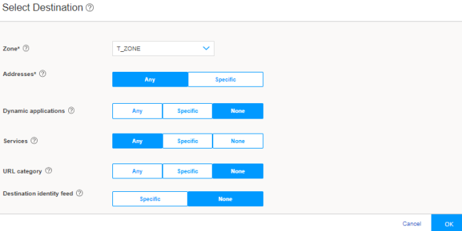 Configuration interface for destination parameters in a network system with options for Zone, Addresses, Dynamic Applications, Services, URL Category, and Destination Identity Feed. Includes Cancel and OK buttons at the bottom.