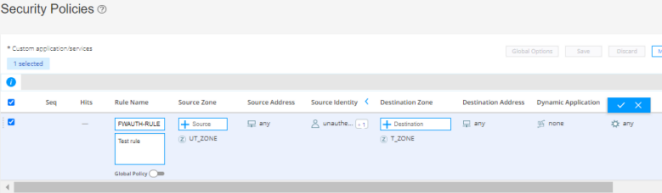 Configuration interface for Security Policies in a network system. Displays rules for traffic flow with details like rule name, source and destination zones and addresses, and source identity. Options to save or discard changes are available.