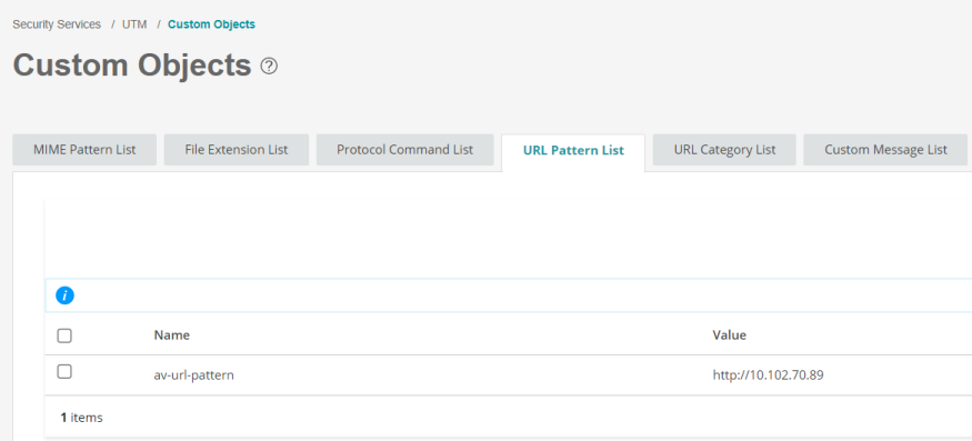 User interface showing URL Pattern List tab with av-url-pattern and value http://10.102.70.89 for security filtering.