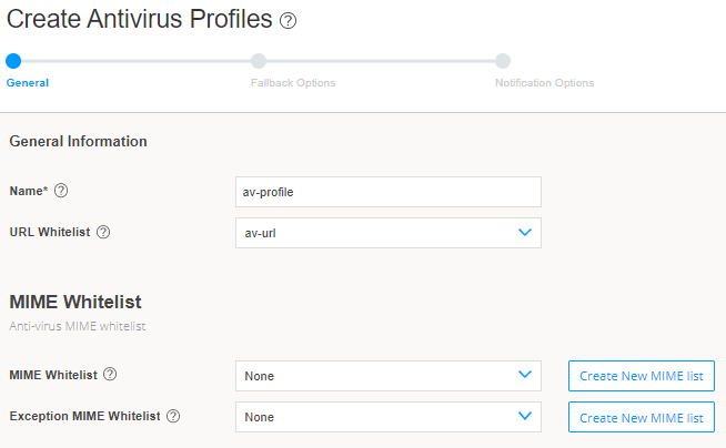 User interface for creating antivirus profiles with fields for profile name and URL whitelist. MIME whitelist options include dropdowns and buttons for creating new MIME lists. Progress bar shows steps: General, Fallback Options, Notification Options with General active.