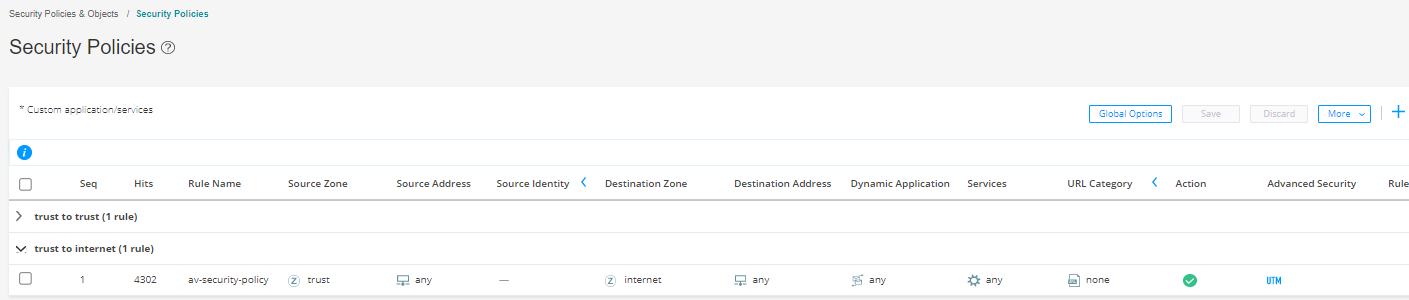 Security policies interface showing rules with details like Rule Name, Source Zone, Source Address, Destination Zone, URL Category, and Action.