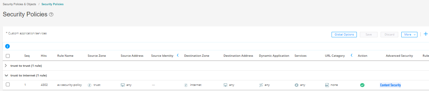 Security Policies interface for managing network traffic rules including titles like Security Policies, rule details with sequence, hits, and actions like allow.