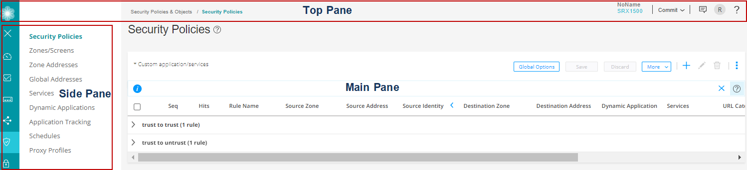 Graphical user interface for managing security policies on a Juniper SRX1500 firewall with navigation, configuration menu, and security policy table.
