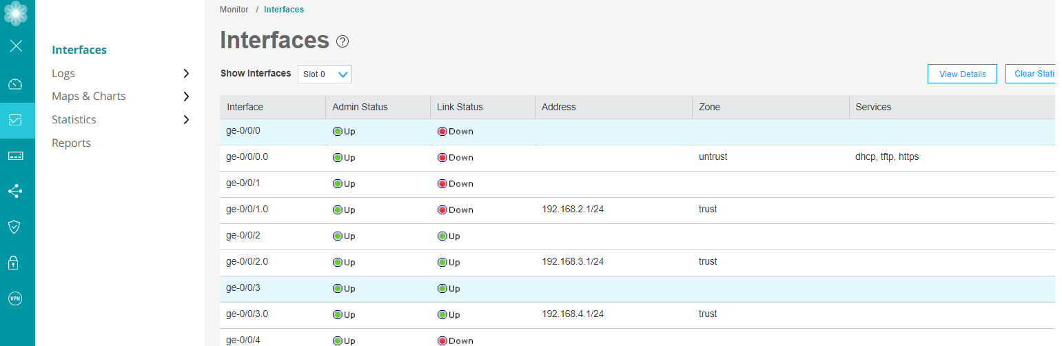 Network interface monitoring page with interface list, admin and link status, IP address, security zones, enabled services, navigation panel, and action buttons.