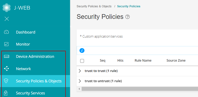 J-Web interface displaying Security Policies page with rules for trust to trust and trust to untrust traffic.