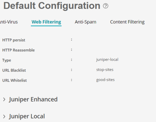 Web filtering settings interface for UTM with options for HTTP persist, HTTP reassemble, type set to juniper-local, URL blacklist labeled stop-sites, and URL whitelist labeled good-sites. Expandable sections for Juniper Enhanced and Juniper Local settings.