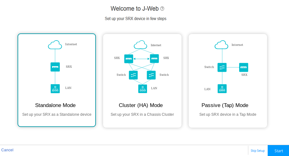 J-Web setup screen with options for configuring SRX device: Standalone Mode, Cluster HA Mode, Passive Tap Mode. Options to Cancel, Skip Setup, or Start.