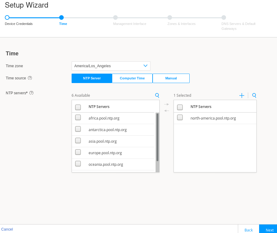 Setup Wizard interface for configuring time settings on a device. Time step shows America/Los_Angeles time zone, NTP Server selected, north-america.pool.ntp.org listed.