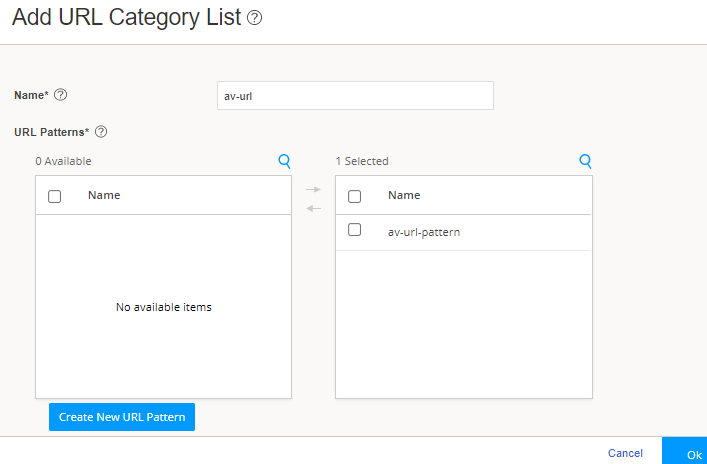 User interface for adding a URL category list, filled name av-url, 0 Available URL pattern, 1 Selected pattern av-url-pattern, buttons for creating new pattern, cancel, and Ok.