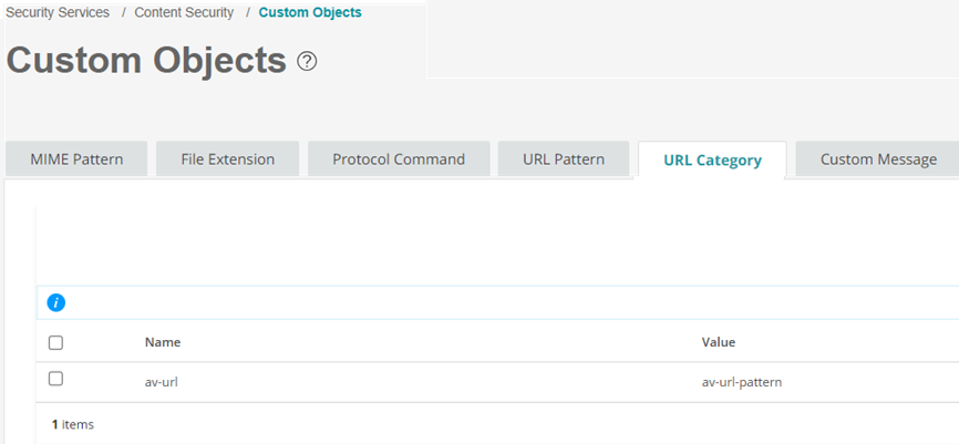 Custom Objects interface under Content Security, URL Category tab selected, table with Name and Value columns, entry av-url with value av-url-pattern.