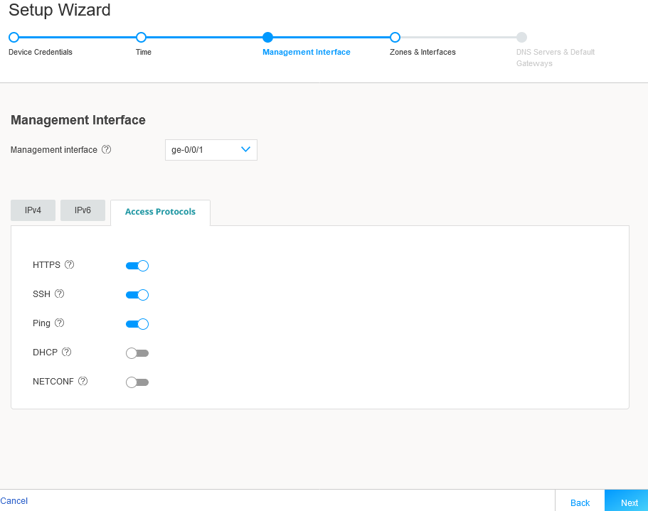 Setup Wizard interface for configuring network settings; Management Interface step with dropdown and Access Protocols: HTTPS, SSH, and Ping enabled, DHCP and NETCONF disabled.