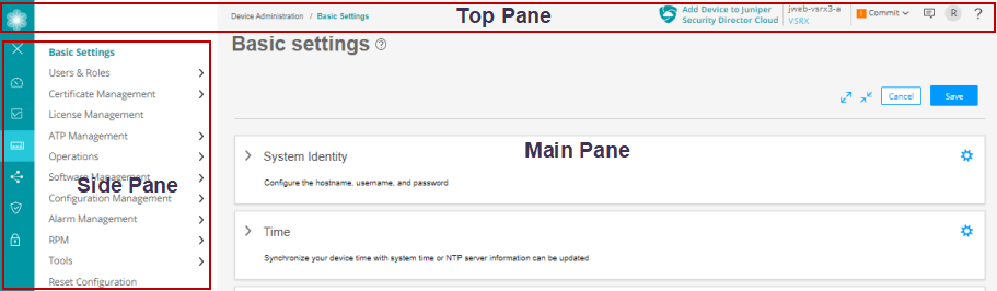 Screenshot of Juniper Networks GUI for network management with navigation in top pane, configuration categories in side pane, and Basic Settings in main pane showing System Identity and Time options.