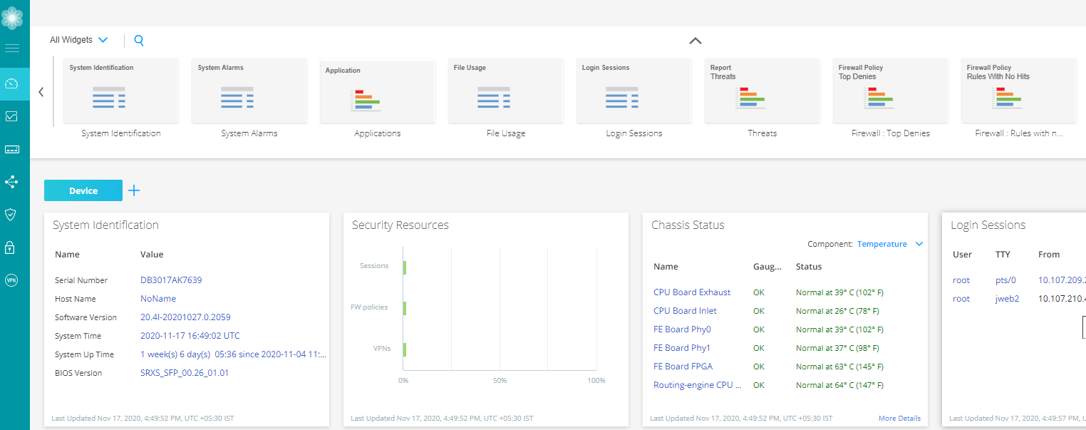 Network management dashboard showing widgets for system identification, alarms, applications, and threats. Includes system details like serial number and software version, security resources metrics, chassis temperature status, and active login sessions.