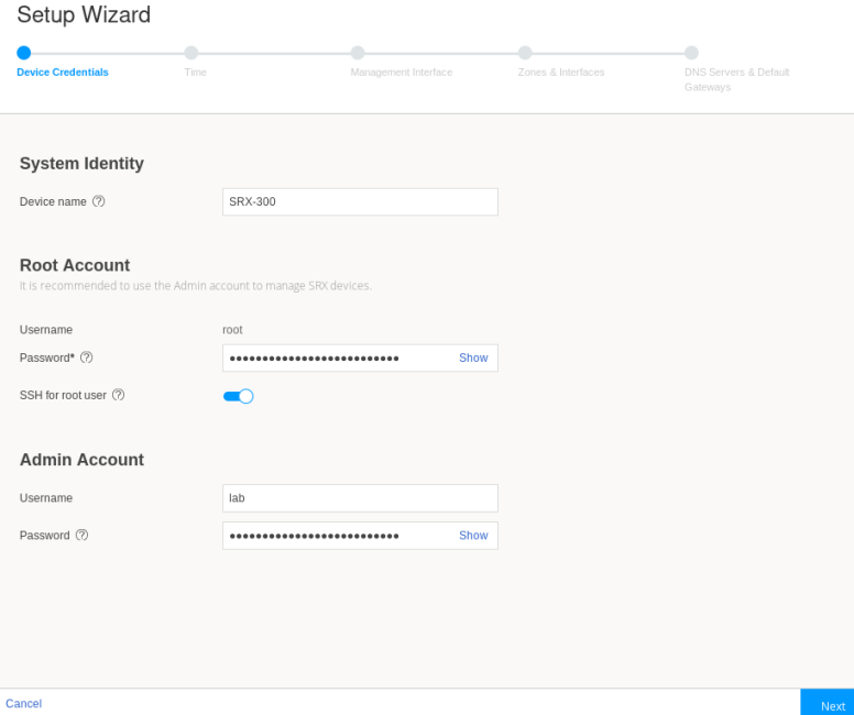 Setup Wizard for configuring Juniper SRX device at Device Credentials step. Device name SRX-300. Root user SSH enabled. Options to Cancel or Next.