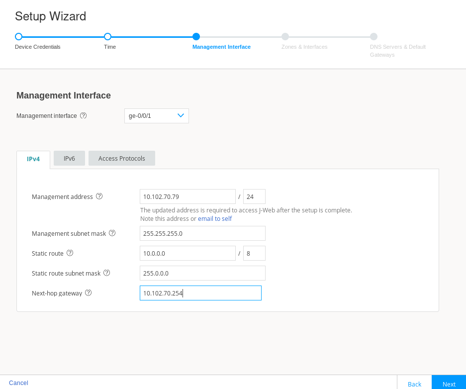 Setup Wizard interface for configuring network device management interface at Management Interface step. Options include interface selection, IPv4 settings, and navigation buttons.