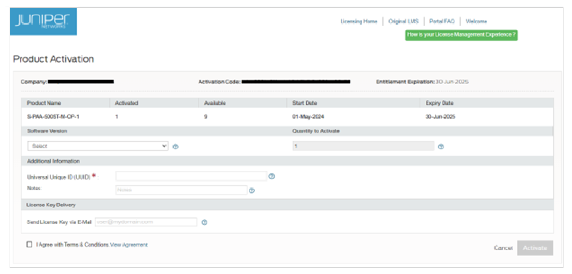 Product activation page for Juniper Networks with fields for company name, activation code, product details, software version, quantity, UUID, notes, license key delivery email, terms agreement checkbox, and activate or cancel buttons.