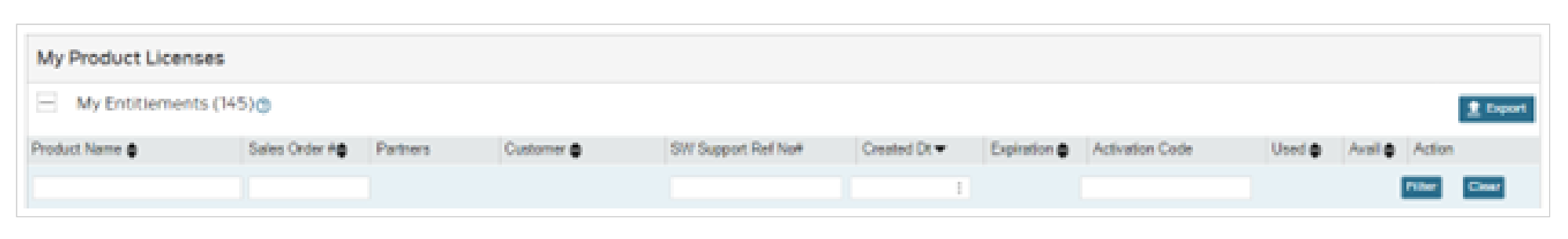 Software interface for managing product licenses, showing My Product Licenses section with columns for details like Product Name, Sales Order Number, and Expiration, plus options to export, filter, or clear.