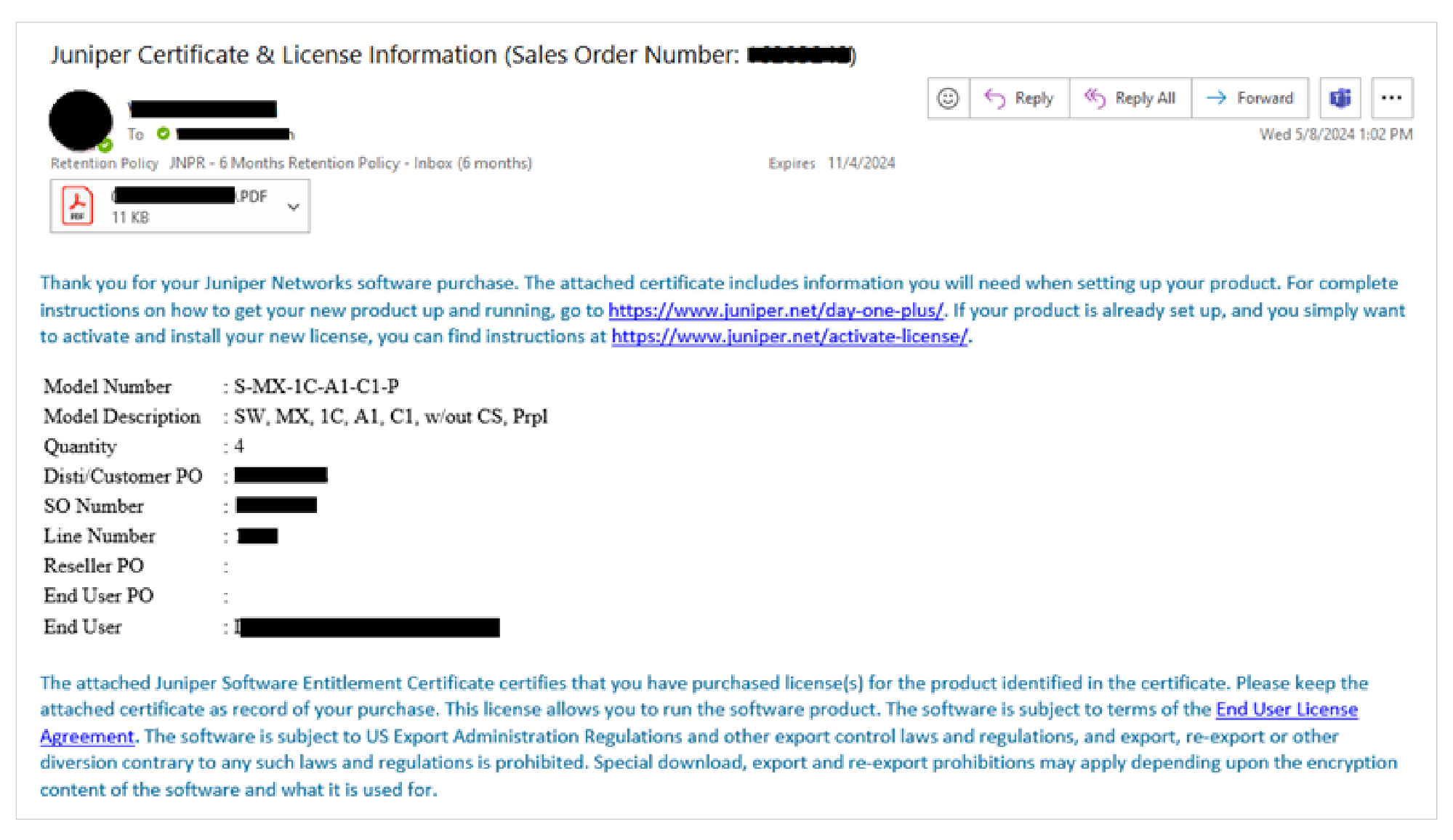 Juniper Networks email detailing software purchase, license activation links, model S-MX-1C-A1-C1-P with quantity 4, and legal terms.