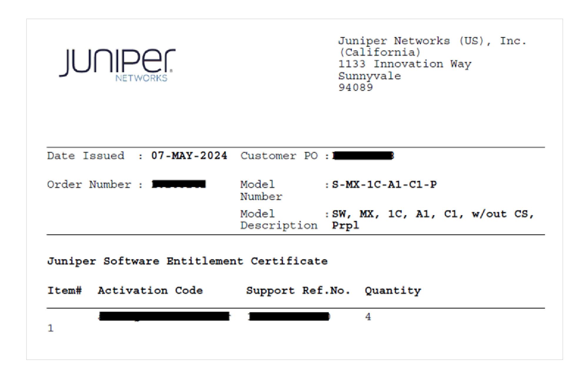 Juniper Software Entitlement Certificate with issue date 07-MAY-2024, showing company details, model description, and item table with redacted sensitive information.