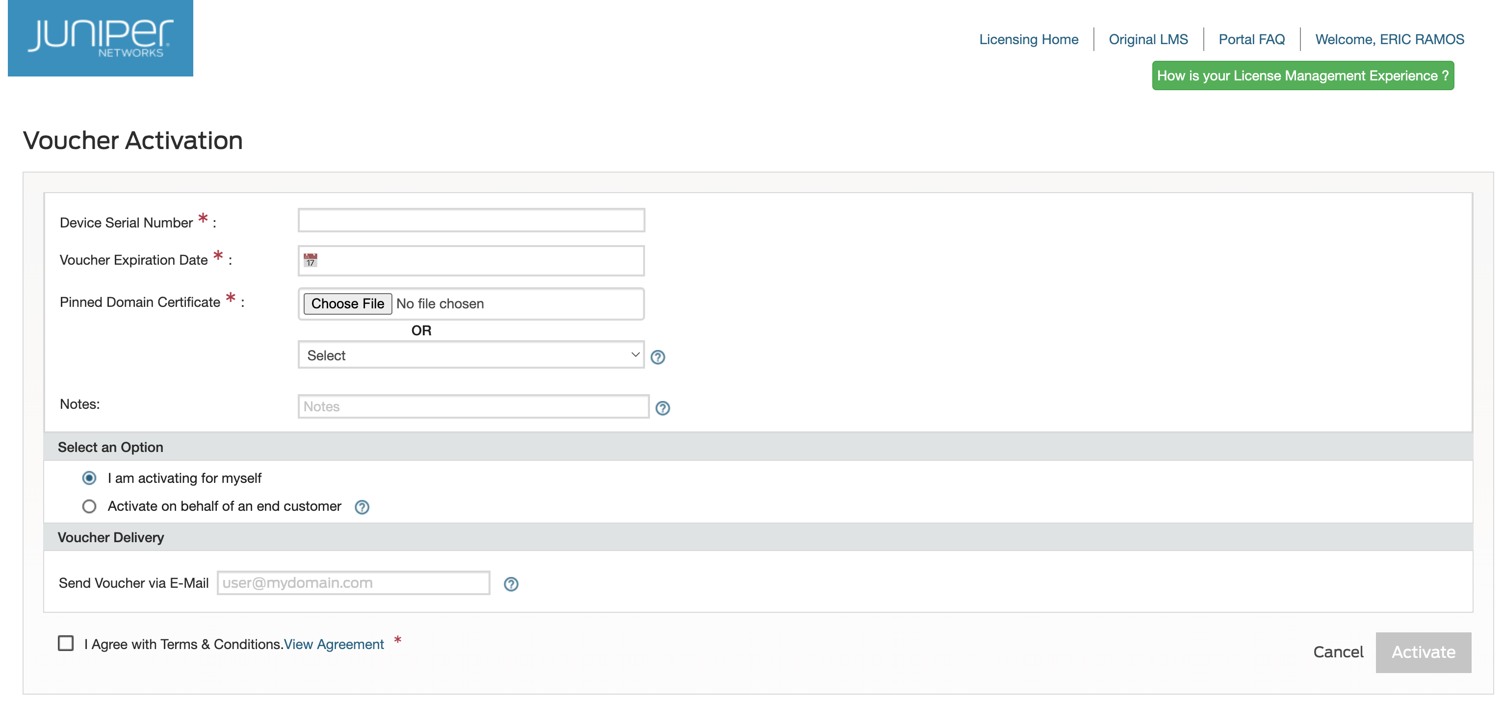 Voucher Activation form from Juniper Networks with fields for Device Serial Number, Voucher Expiration Date, Pinned Domain Certificate upload, Notes, selection options for self or end customer activation, Voucher Delivery email, terms agreement checkbox, and Cancel and Activate buttons.