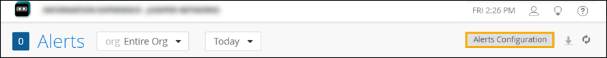 Alerts dashboard with no active alerts, filters for organization and time, Alerts Configuration button, user profile, help icon, and options to download and refresh data.
