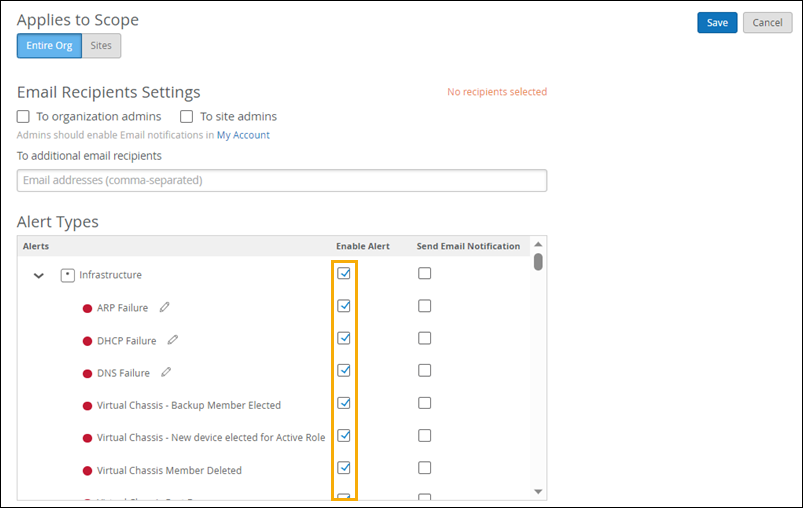 Configuration interface for alert notifications with options for scope selection, email recipients, alert types under Infrastructure category, and checkboxes to enable alerts or email notifications. Save and cancel buttons are at the top-right.