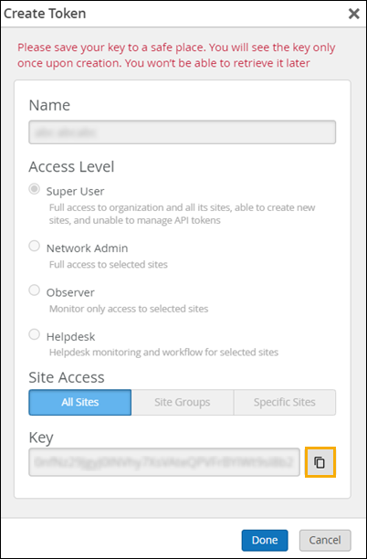 Create Token interface with fields for Name, Access Level, Site Access, and a generated Key. Save the key securely warning.