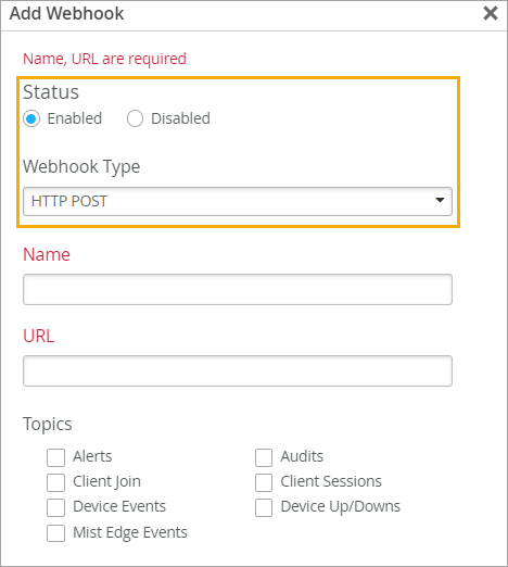 Configuration interface for adding a webhook with fields for Status toggle, Webhook Type dropdown, Name, URL, and Topics checkboxes. Name and URL are required.
