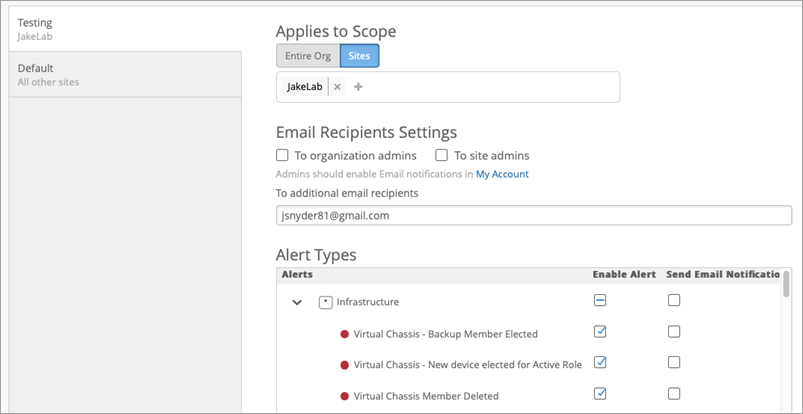 Alerts page in the Juniper Mist portal