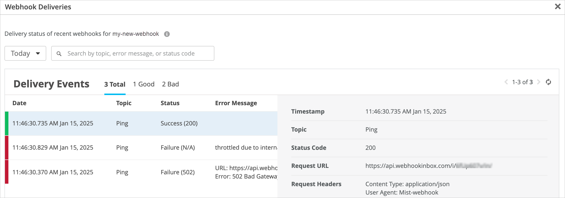 Webhook Deliveries dashboard showing delivery status of recent webhooks for my-new-webhook. Includes total events 3, 1 successful, 2 failed, and a table with details like date, topic, status, and error message.