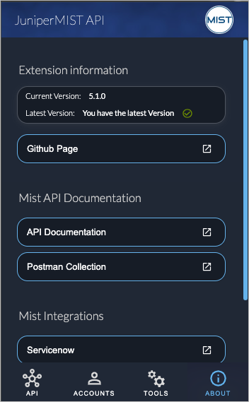 JuniperMIST API user interface showing version details, GitHub link, Mist API documentation and Postman collection, ServiceNow integration link, and navigation icons for API, Accounts, Tools, and About.