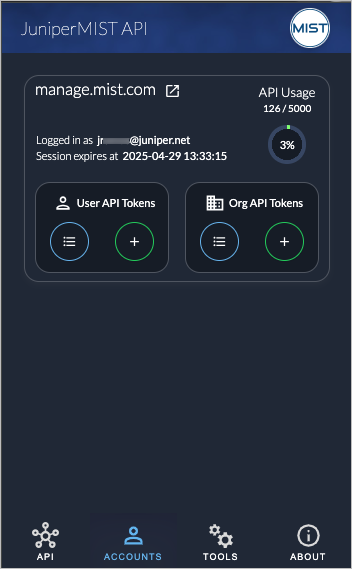 Juniper Mist API interface showing current API usage at 126 of 5000, logged-in user info with session expiration, and options to manage User and Org API tokens in a dark-themed design. Navigation menu includes API, Accounts, Tools, and About sections.