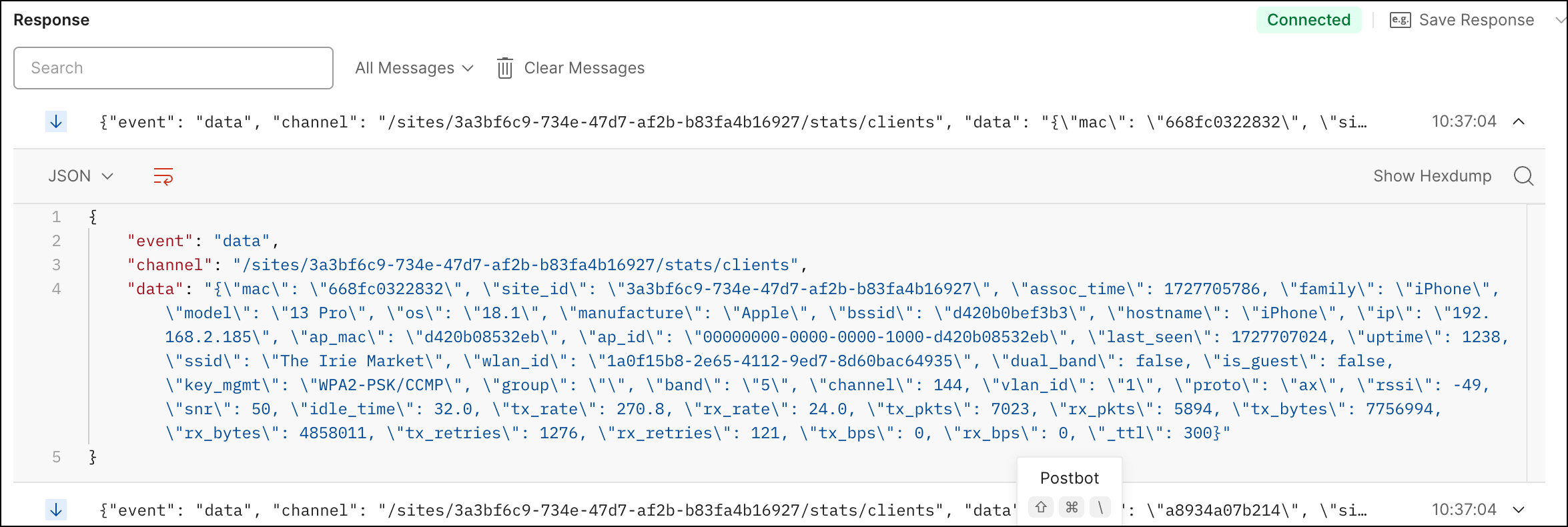 JSON response showing Wi-Fi client statistics, including MAC address, site ID, device type iPhone 13 Pro, OS version 18.1, manufacturer Apple, IP 192.168.2.185, SSID The Irie Macket, RSSI -49, SNR 50, and network metrics like tx rate 270.8 Mbps, rx rate 24.0 Mbps, and uptime in seconds.