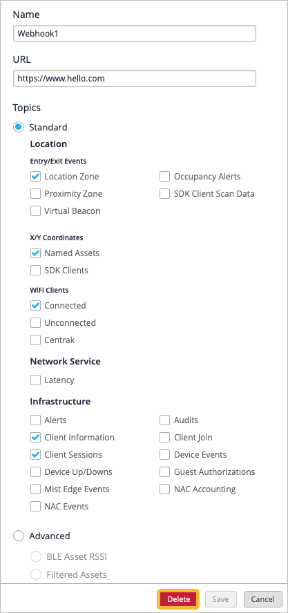 Configuration interface for setting up a webhook named Webhook1, sending data to https://www.hello.com. Topics include Standard, Location Zone, Named Assets, Connected WiFi Clients, Client Information, Client Sessions, Device Up/Downs. Advanced section is collapsed. Buttons: Delete, Save, Cancel.