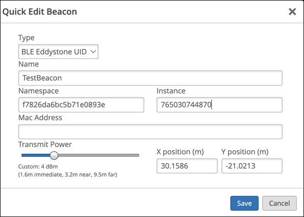 fields to complete in the Quick Edit Beacon pop-up window