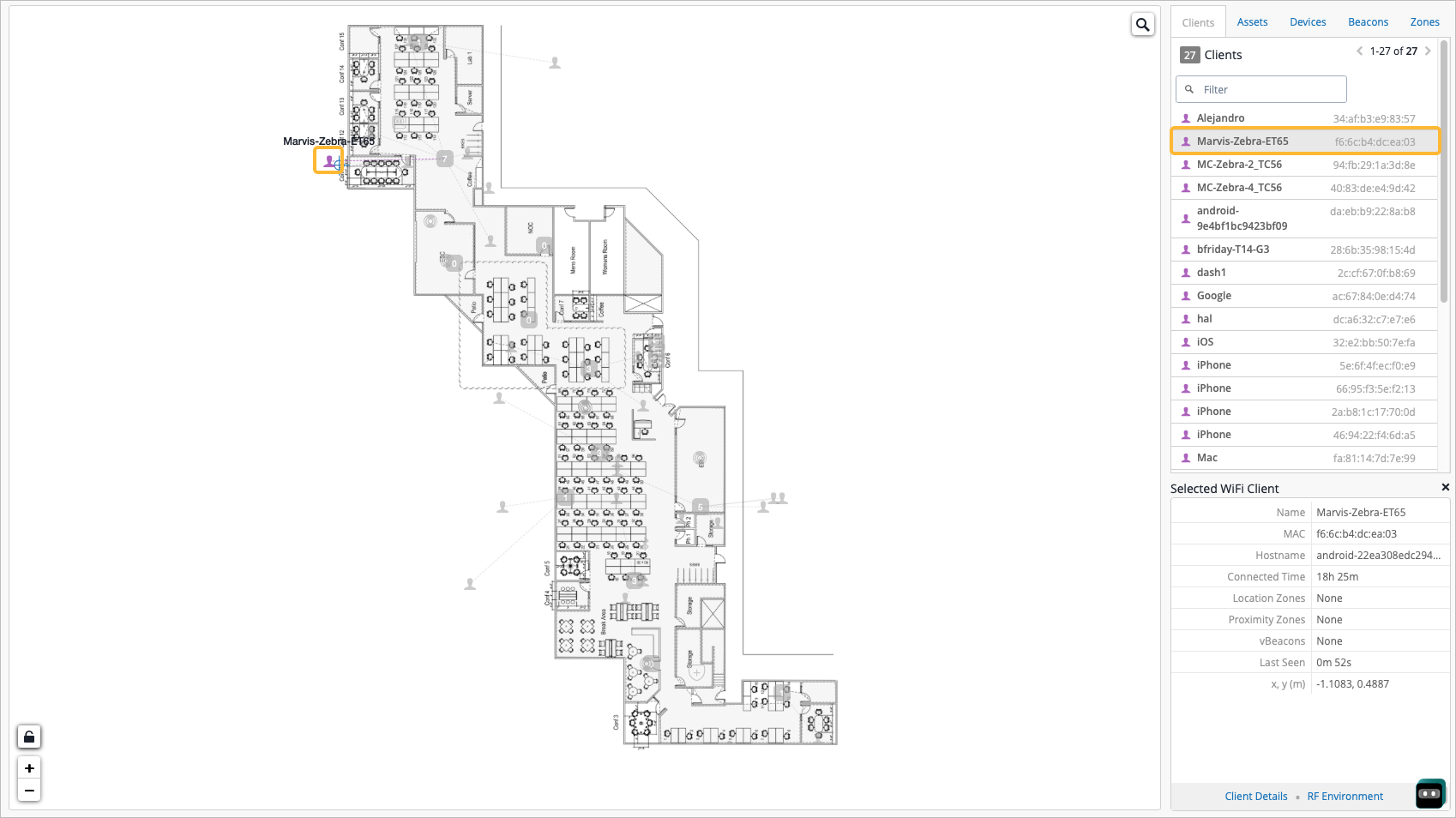 Selected item is displayed on floorplan