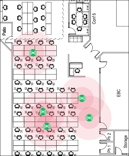 Example: virtual beacons on a floorplan with pink circles