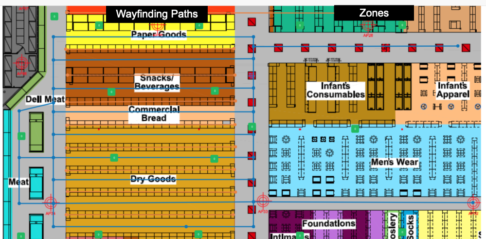 Floorplan with wayfinding paths in store aisles and zones in open areas