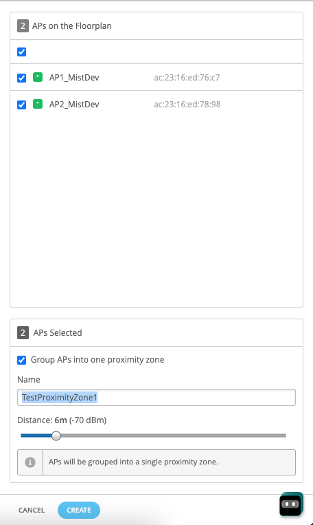 Selecting APs and other options to create a proximity zone